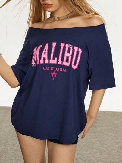 Rina Fox Women Letter Print Off Shoulder Drop Sleeve Loose Casual T-Shirt