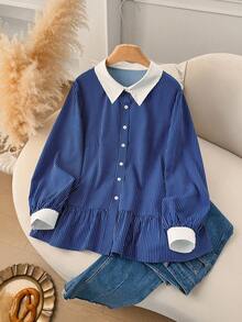 CosyJoli Plus Size Women's Blue Striped Casual Blouse,Fall Clothes For Women