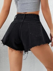 SHEIN Tall Casual Wide Leg High Waist Black Denim Shorts - Black - View 2