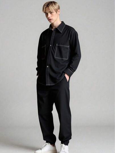 SHEIN 2 件青少年男童休闲街头风格纯色撞色边长袖夹克和裤子套装，适合通勤、上学、日常休闲、旅行、运动，适合春夏季