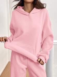 SHEIN EZwear 2pcs/Set Women Casual Thermal Lined Hoodie Sweatshirt And Pants, Pink, Autumn/Winter - Pink - View 8