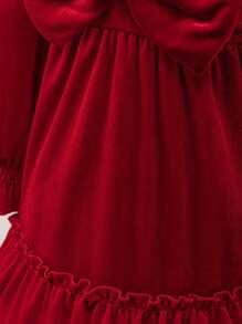 Glamorique Kids Baby Girls' Autumn/Winter New Velvet Korean Fleece Design V-Neck Ruffle Bow Elegant Party Dress,Christmas Dress - Red - View 7