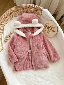 SHEIN 女婴可爱百搭粉色毛绒保暖连帽外套，秋冬季婴儿毛绒外套，婴儿毛绒外套，女婴冬季外套，女婴保暖服，幼儿毛绒外套 - 粉色 - 查看 7