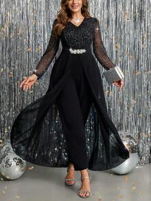 Ellevyn 大码优雅派对亮片和水钻装饰连体裤 - 黑色 - 查看 10