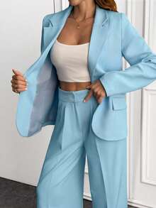 EURMUSE 2 件纯色西装外套和阔腿裤 - 淺藍色 - 查看 7