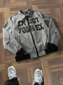 Manfinity Roghcode Letter Print Men's Mature Casual Jacket , Men Graphic Grey Zip Up Emo Jacket, Fall - Grey - View 1