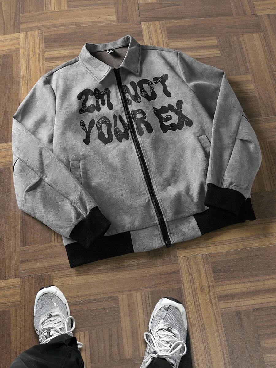 Manfinity Roghcode Letter Print Men's Mature Casual Jacket , Men Graphic Grey Zip Up Emo Jacket, Fall - Grey - View 1