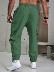 Manfinity Homme Plus Size Men's Drawstring Waist Cargo Pocket Casual Jogger Pants, For Fall - Green - View 2