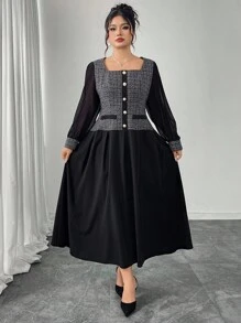 Modelyn Vestido Romântico Elegante de Xadrez Retalhos em Plus Size - Preto - Visão 4