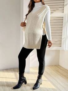 SHEIN 孕妇V领扭纹图案侧开衩下摆休闲针织背心