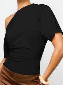 AiiRZ 露肩不对称上衣现代修身腰部短袖衬衫当代时尚秋冬春季节日晚会装