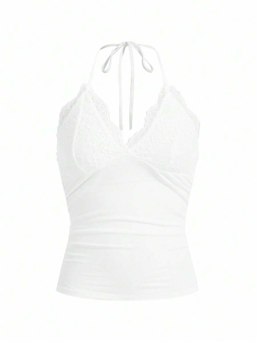 SHEIN x PRISCILA & JIMENA ROMWE PUNK Contrast Lace Halter Top - White - View 1