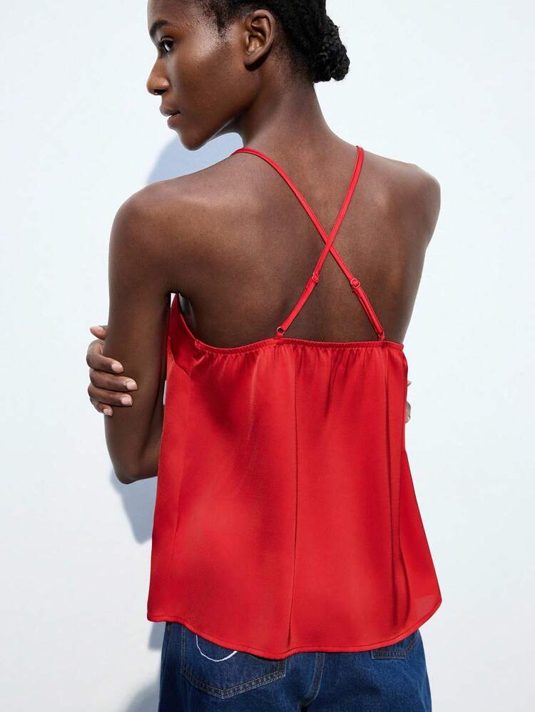 SHEIN Maija 1 pieza Camiseta de mujer de unicolor con decoración floral 3D, cuello halter, para verano, para salir, para club, sexy, para vacaciones