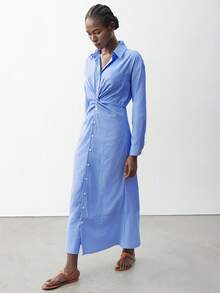 Maija 女士夏季度假打结腰部衬衫领单排扣褶皱腰设计经典蓝色长袖连衣裙，适合音乐节和复活节 - 藍色 - 查看 7