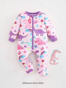 Cozy Pixies 新生女婴卡通动物恐龙彩虹象印花柔软针织连脚连体衣，紫色，长袖连体衣睡衣