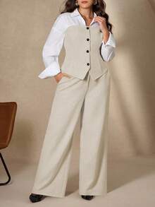 Chikora Plus Size Elegant White Autumn Office Commuter Patchwork Shirt & Wide Leg Linen Pants 2 Pieces Set,Women Linen Vest Outfit Pants Suit Outfits - Multicolor - View 2