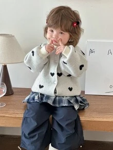 DAZY Baby Girls' Round Neck All-Over Heart Print Cute Long Sleeve Cardigan Fall/Winter - White - View 1