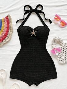 Soleia 女士度假吊带蝴蝶结纯色纹理连体裤，适合海滩派对 - 黑色 - 查看 6