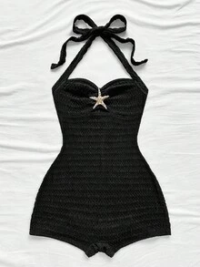 Soleia 女士度假吊带蝴蝶结纯色纹理连体裤，适合海滩派对 - 黑色 - 查看 7