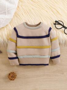 SHEIN 新生男婴/女婴可爱百搭白色针织条纹长袖毛衣，秋冬 - 彩色 - 查看 1