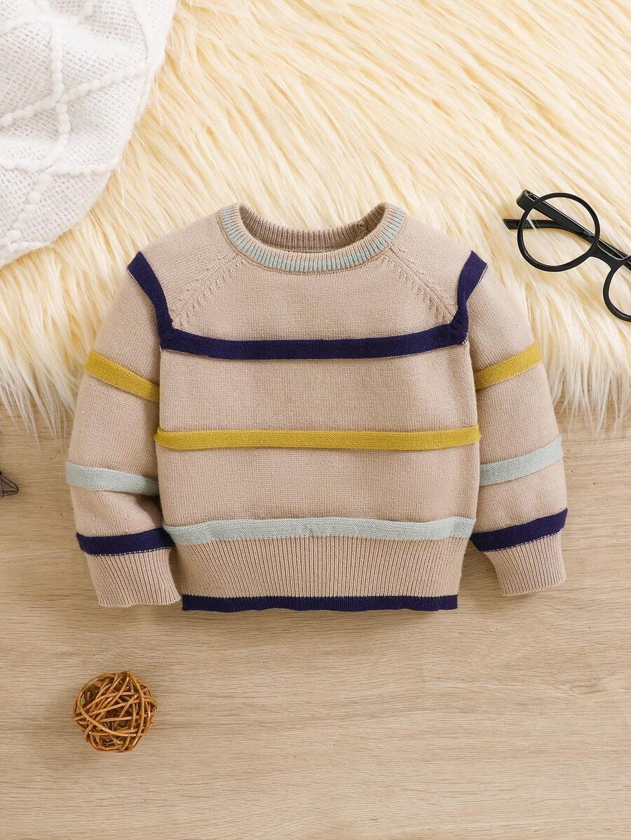 SHEIN 新生男婴/女婴可爱百搭白色针织条纹长袖毛衣，秋冬 - 彩色 - 查看 1