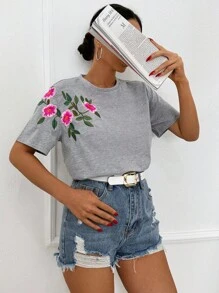 EURMUSE 100%Cotton T-Shirt With Flower Embroidery, Round Collar - Grey - View 3