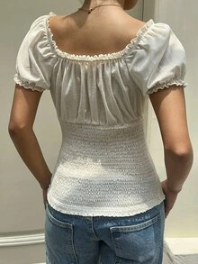 Lyxana 女式休闲度假花卉印花收腰方领泡泡袖衬衫，夏季 - 杏色 - 查看 2