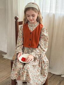 LMoss Kids Set de chaleco casual de unicolor tejido y vestido floral diminuto para niña preadolescente - Multicolor - Ver 8