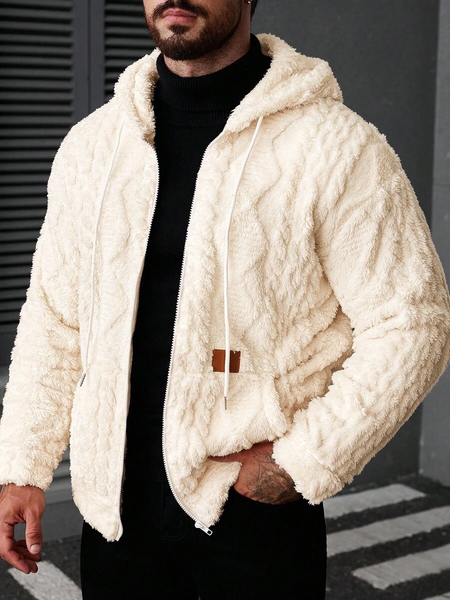 Manfinity CasualCool 男士长袖休闲纯色抓绒连帽外套,秋冬季百搭毛绒连帽羊羔绒外套 - 杏色 - 查看 1