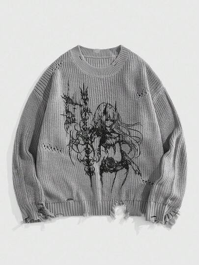 Anime Men's Cartoon Character Pattern Crew Neck Loose Fit Casual Sweater , Fall Winter