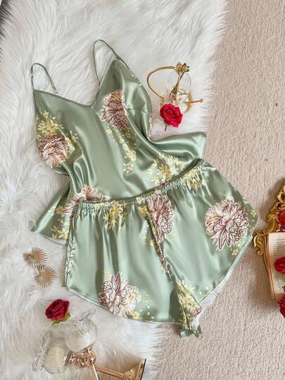 SHEIN 2pc Sexy V-Neck Camisole And Shorts Set, Elegant Floral Print Satin Plus Size Pajamas Satin Pajama Set Satin Sleepwear Set Pajama Sets For Women Satin Silk Sleepwear Floral Satin Pajama Set Women Satin Pajamas Floral Satin Pajamas