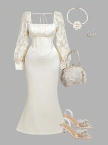 SHEIN MOD Plus Size Apricot Vintage Palace Style Elegant Jacquard Fabric Mermaid Maxi Dress With Long Sleeves - Apricot - View 1