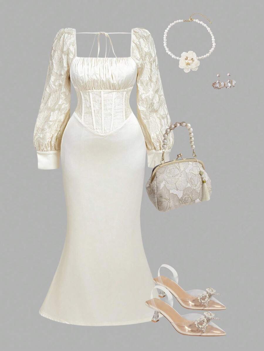 SHEIN MOD Plus Size Apricot Vintage Palace Style Elegant Jacquard Fabric Mermaid Maxi Dress With Long Sleeves - Apricot - View 1