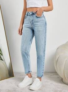 EURMUSE HIGH RISE MOM FIT LIGHT BLUE JEAN PETITE - Medium Wash - View 3