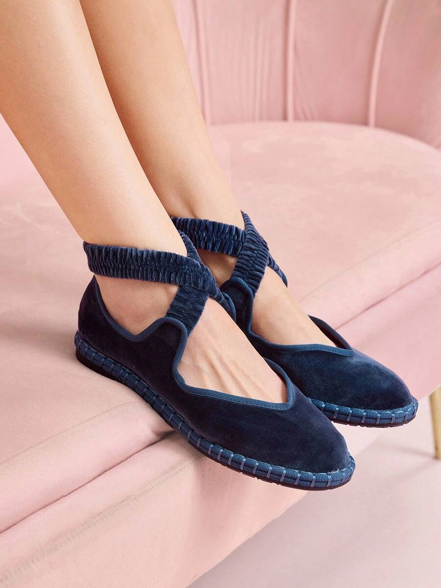 CUCCOO DOLLMOD CUCCOO Women's Navy Blue Velvet Comfortable Soft Criss-Cross Mary Jane Flats For Christmas Spring Shoes - Dusty Blue - View 1