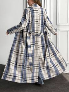 EURMUSE Plaid Texture, Open Front, Belted, Cashmere Overcoats - Multicolor - View 2