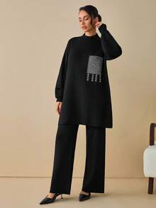 EURMUSE Black Knit Tunic With Rhinestone-Studded Pocket And Fringe Detailing Long Sleeve Two Piece Set Lounge Wear Knit Two Piece Set Two Piece Lounge Set Womens Knit Set,Co Ord,Winter Clothes - Black - View 3