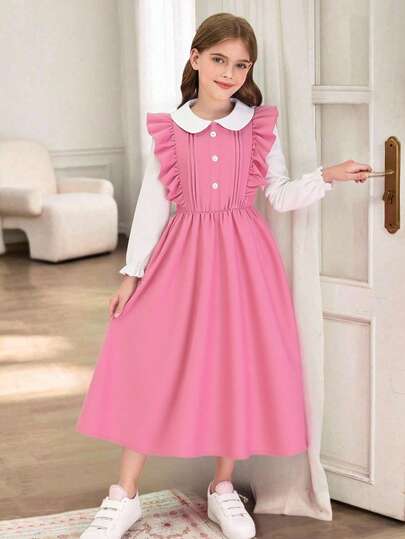 فستان كيوت وحلو بياقة بيتر بان مع تصميم لاصق ملون للفتيات المراهقات، مناسب للعودة إلى المدرسة والارتداء اليومي في الحرم الجامعي