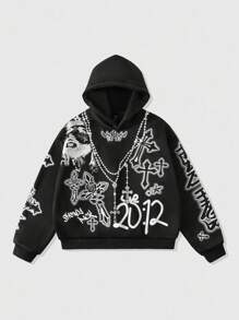 ROMWE MEN Goth Men's Cross Printed Hoodie, Loose Cropped Style