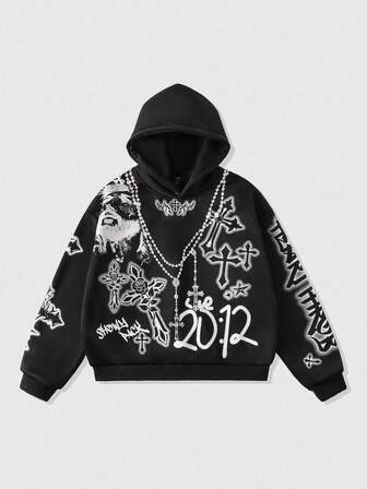 Goth Men's Cross Printed Hoodie, Loose Cropped Style