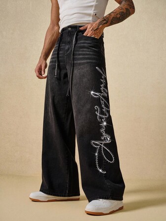 Street Life Herren Lässig gewaschene Jeans mit gestickter Strass-Verzierung