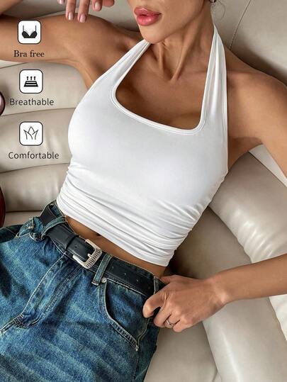Siren Gaze Women's Casual Backless Crop Top With Tight Fitting And Round Neck Padded Built-In Bra Padding Chest Cup Chest Pad Removable Padding Chest Pad Non Removable Pad Ding Corset Top Bra Corset Top Corset Top Solid Color Pleated Padded Cami Top Summer White