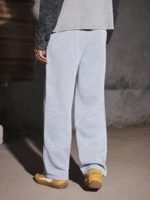 PAVTROS Manfinity Streetrush Men's 2 In 1 Sweatpants,Thickened Thermal Lined Drawstring Waist Joggers, Slogan Light Grey,Autumn,Streetwear,City Break - Light Grey - View 2