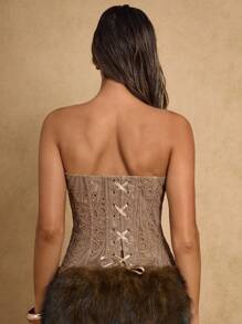 SHEIN BAE Áo crop top ren xẻ tà bên hông cho nữ, ôm vừa vặn thời trang - Màu Khaki - Xem 2