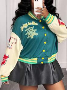 Slaydiva Spring & Autumn 2025 New Street Casual & Daily Casual & College Style Green & Beige Contrast Color Loose 24 Number & Slogan Print Long Sleeve Front Open Women Plus Size Short Jacket Winter Fall