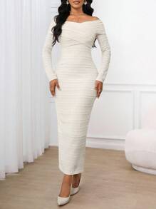 SHEIN Lady 白色针织提花重叠领铅笔长袖连衣裙鸡尾酒会海滩 - 米色 - 查看 4