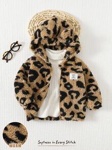 Cozy Pixies 女婴豹纹3D立体耳朵连帽长袖外套，加厚保暖内衬，适合秋冬季节穿着