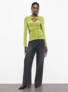 Maija 女士镂空扭纹荷叶边长袖纯色优雅修身 T 恤，秋冬季日常汗衫