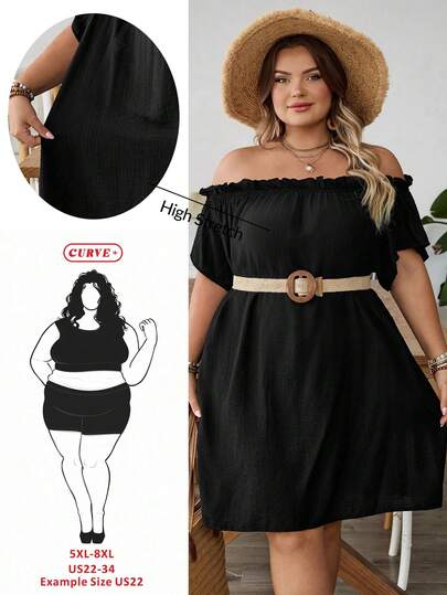 SHEIN CURVE+ Plus Size Women's Spring And Summer Fashion Casual Loose Comfortable Cool Versatile Daily One Shoulder Off Shoulder Black Short Dress,Vacation Outfits,Ibiza,European Summer,Tea Party Dress,Beach Dress Plus Size Off The Shoulder Dress Plus Size Black Dress Plus Size Summer Dress Off Shoulder Dress Plus Size Plus Size Vacation Dresses
