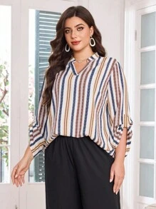Lacomfia Plus Size Women's Casual Striped Print V-Neck Blouse, Fashionable And Elegant Casual Autumn And Winter Shirt, Perfect As A Gift For Mother